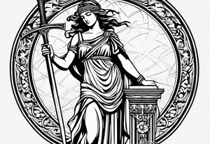 Themis (Greek Goddess of Justice), cutting her eyes with her sword. It is necessary to convey an atmosphere of greed and power. tattoo idea