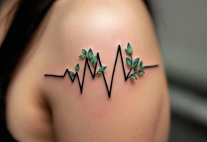 A black EKG line with small emerald green leaves at the peaks, representing life, growth, and nature. tattoo idea