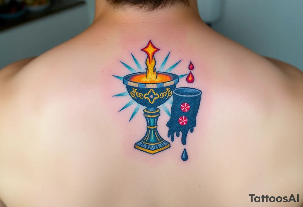 holy grail, glowing with soft blues and golds, surrounded by soft rays of light, opposed to a dark chalice, dripping black liquid, with red glowing symbols tattoo idea