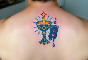 holy grail, glowing with soft blues and golds, surrounded by soft rays of light, opposed to a dark chalice, dripping black liquid, with red glowing symbols tattoo idea