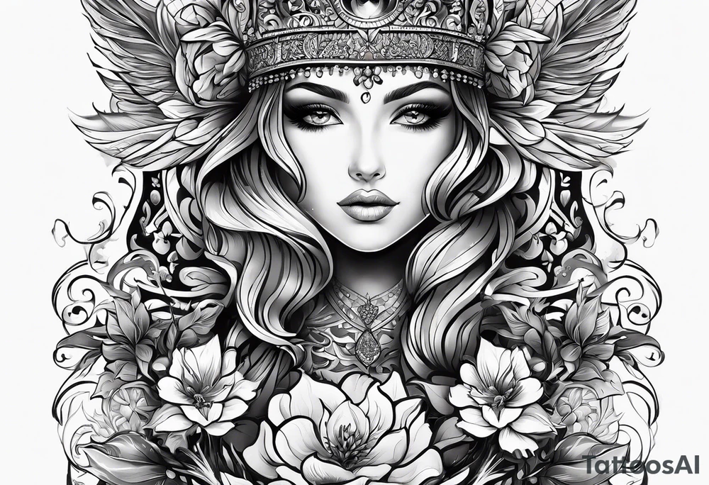 Лесная нимфа с цветами и луной tattoo idea