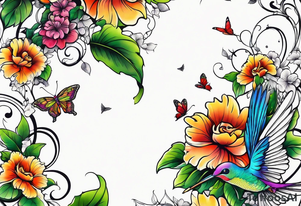 Leg sleeve that is a vine rapping around the leg with flowers and butterflies and  hummingbirds tattoo idea