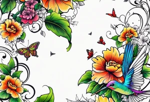 Leg sleeve that is a vine rapping around the leg with flowers and butterflies and  hummingbirds tattoo idea