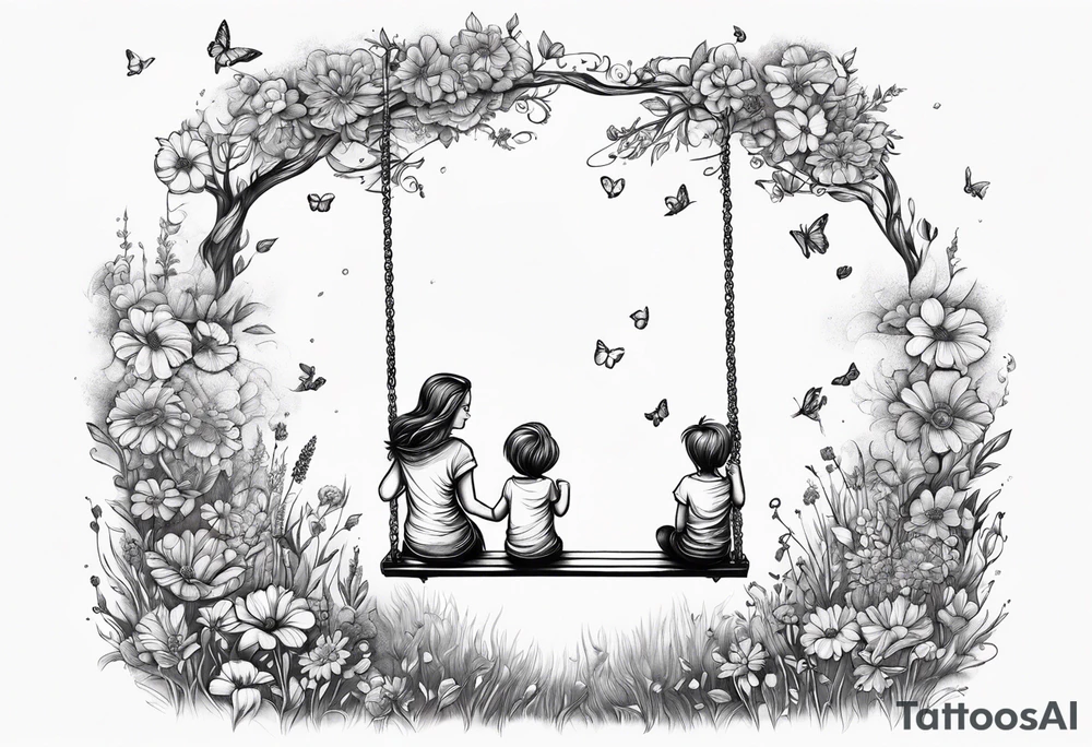 Mom with son and daughter on a swing in the distance in a field of flowers tattoo idea
