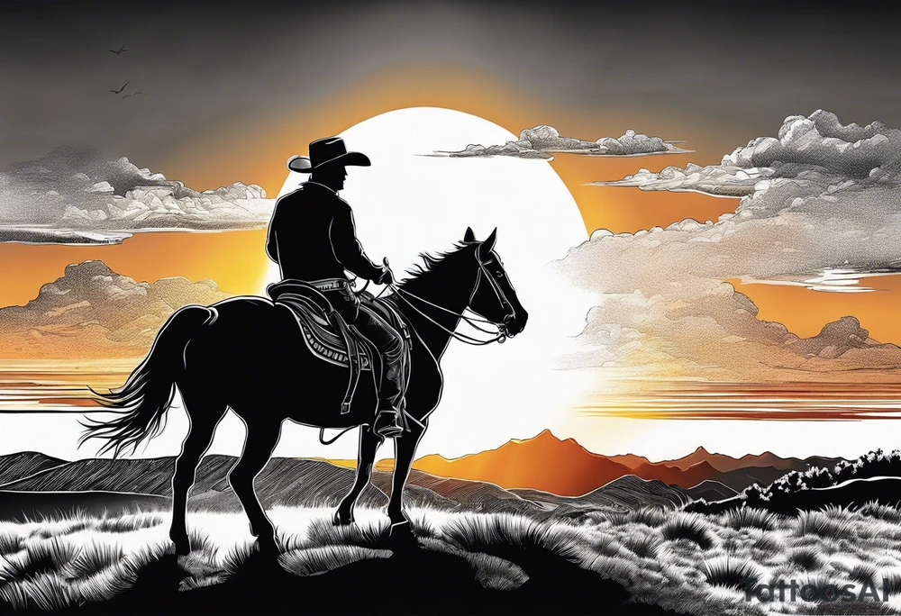 Cowboy on a horse riding in to the sunset silhouette tattoo idea