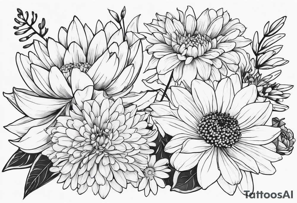 Asters, roses, Lillies, chrysanthemums in a long line tattoo idea