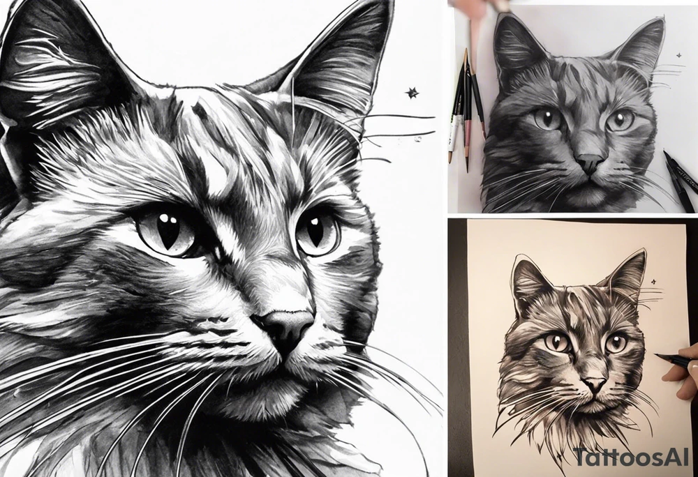 make a sketch that will cover the tattoo in the photo. place the sketch of the cat in the second photo on the previous photo on top of the tattoo to cover the lines, add wings to the cat - large, black, beautiful, chic and three tails with points - all these elements should cover all the lines of the tattoo on the shoulder. tattoo idea