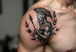 mythological Rome fighter  that come down an arrow and surrounded by a olive tree leaf around tattoo idea