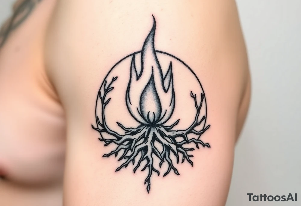 flame in a blooming roots circle tattoo idea