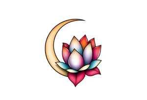 small colorful crescent moon with lotus flower tattoo idea