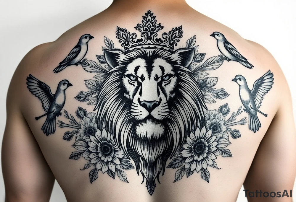 powerful majestic lion with a crown, surrounded by floral ornaments and birds tattoo idea