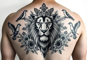 powerful majestic lion with a crown, surrounded by floral ornaments and birds tattoo idea