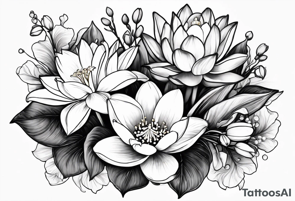 Water Lily, Lily of the Valley, Narcissus, and Gladiolus flower bouquet tattoo idea