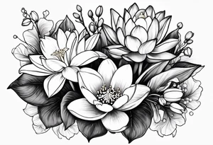 Water Lily, Lily of the Valley, Narcissus, and Gladiolus flower bouquet tattoo idea