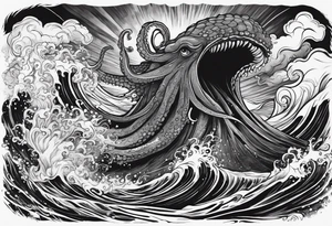 A kraken octopus monster underwater ensnaring the Greek god Poseidon as he thrust his trident into the beast. Turbulent storm with lightning & waves crashing tattoo idea