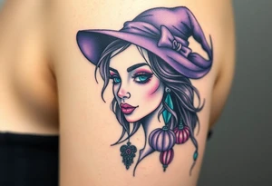 A witches portrait with purple and teal accents and halloween ornaments tattoo idea