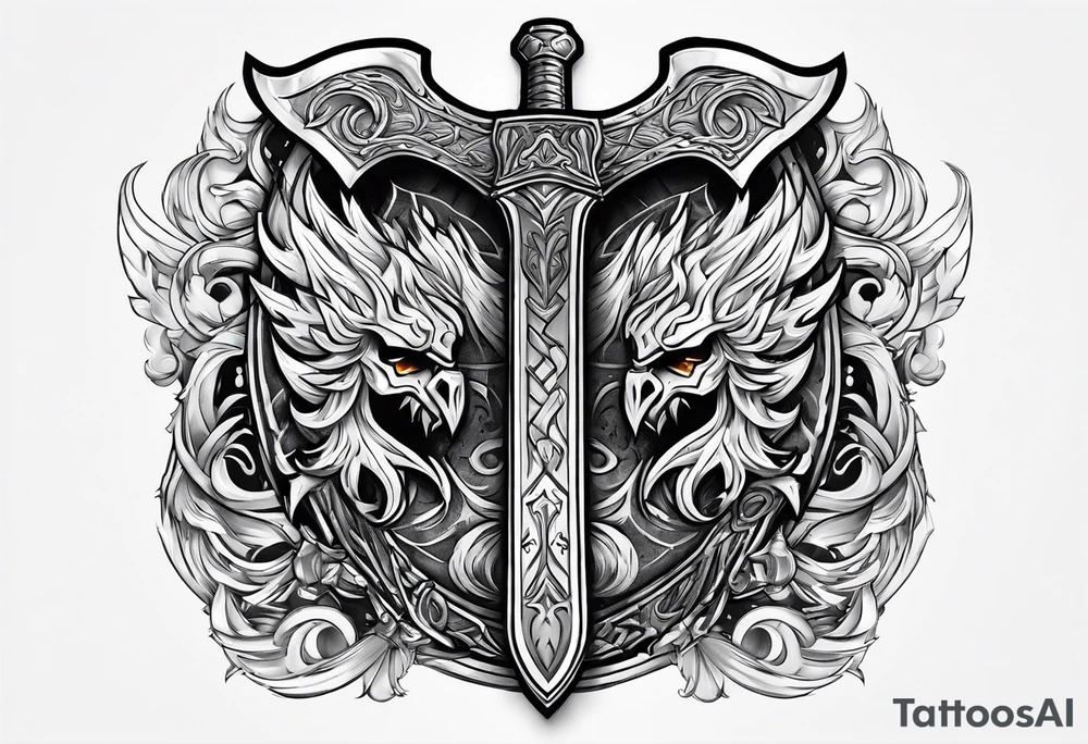 Valhalla sword shield fire axe tattoo idea