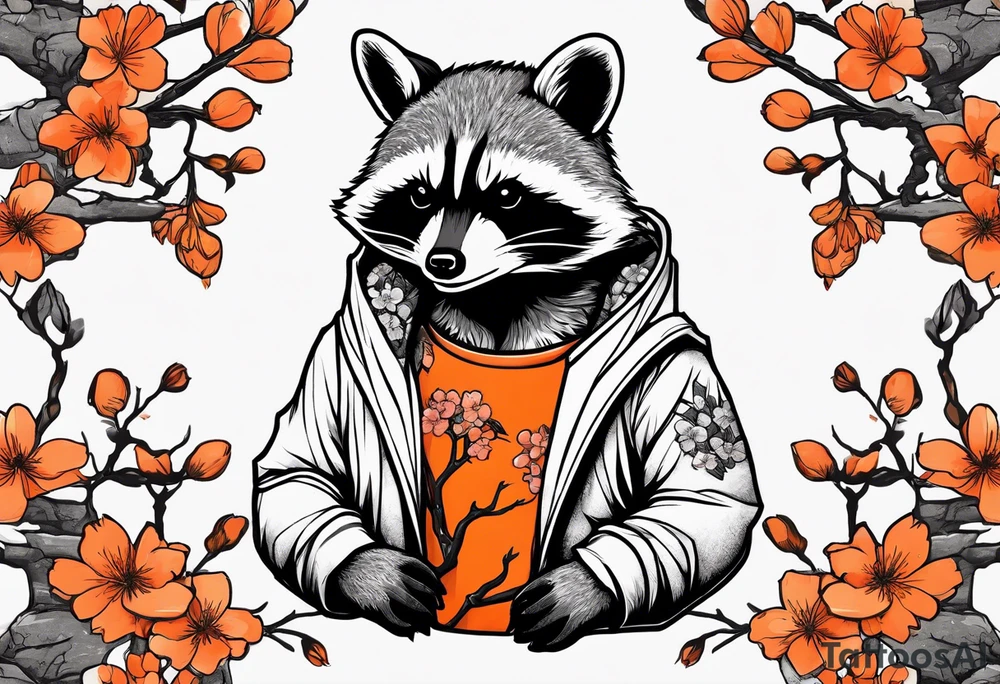 raccoon wearing a black and white Superman hoodie and orange Japanese cherry blossoms tattoo idea
