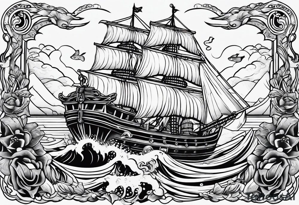 A American traditional tattoo style ship sinking with a mermaid on the right holding a rope and the mermaid on the left holding a dagger tattoo idea