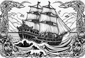 A American traditional tattoo style ship sinking with a mermaid on the right holding a rope and the mermaid on the left holding a dagger tattoo idea