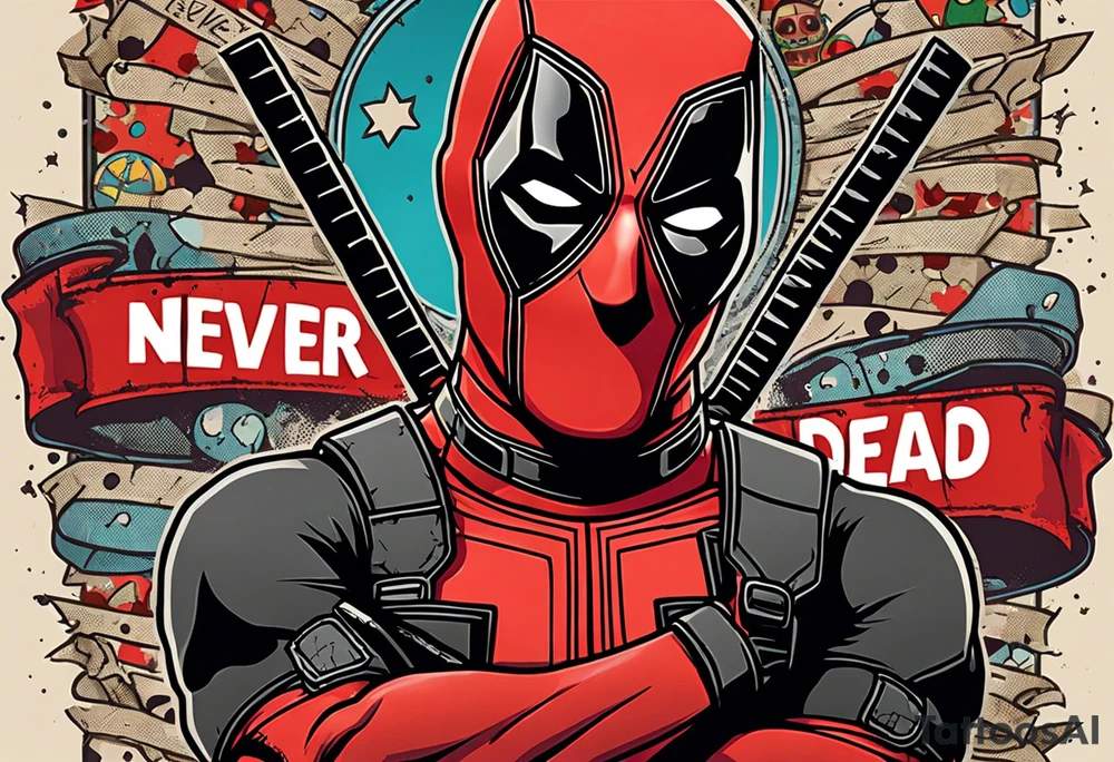 Banner with Text: A worn, dark banner wraps around Deadpool with the phrase "NEVER DEAD" in bold, cracked letters that give a strong and aggressive impression. The banner has small torn details, as if it’s been through rough conditions, with shading that adds depths. tattoo idea