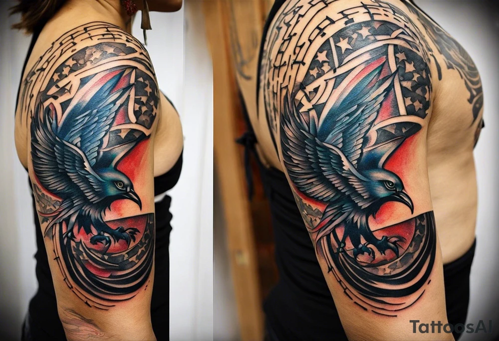 Wide tattoo that appears to be bursting out of the skin, symbolizing freedom. The tattoo should be vibrant and dynamic, with bold lines and colors that evoke a sense of liberation and empowerment. Consider incorporating elements such as broken chains, or other symbols of freedom. The tattoo should be visually striking and thought-provoking, inviting the viewer to reflect on the importance of personal freedom. tattoo idea