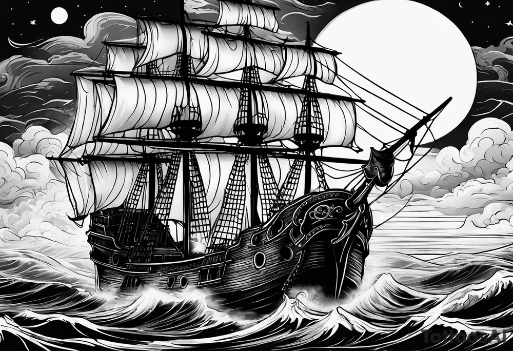 An old pirate ship sailing through rough waters during the night with a full moon tattoo idea