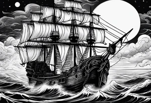 An old pirate ship sailing through rough waters during the night with a full moon tattoo idea