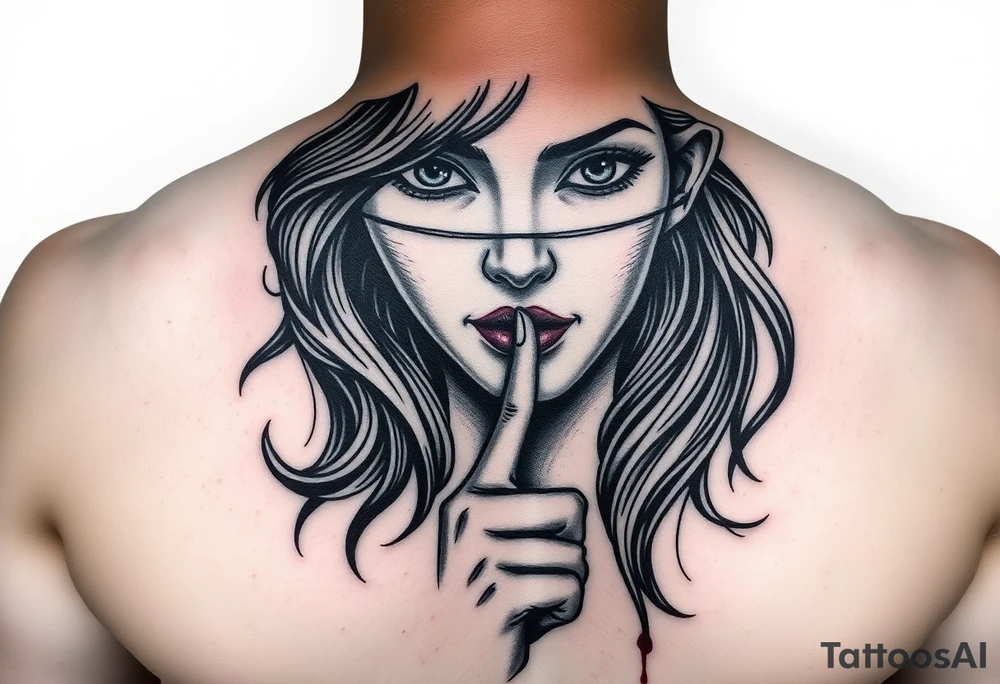 Women that has big eyes but her eyes are not there cause she is blind with a nose and long long hair that is flowing down her chest and back her index finger to her mouth and her ears both are bleeding  like hear no evil see no evil talkk no evil tattoo idea