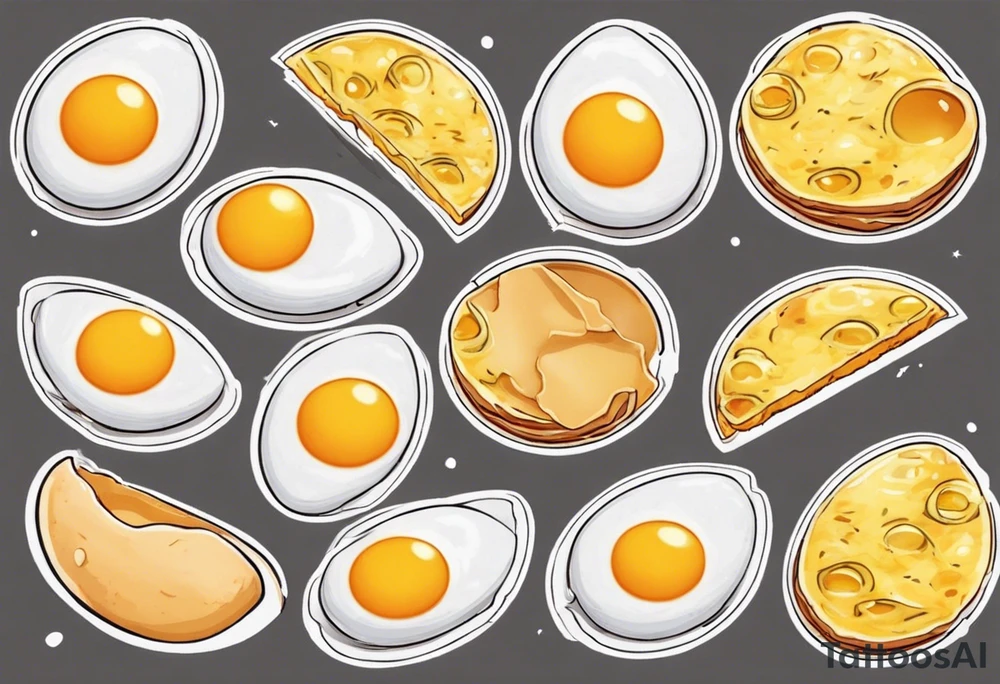 A round, thin omelette made from five eggs, with a triangular piece cut out containing the yolk tattoo idea