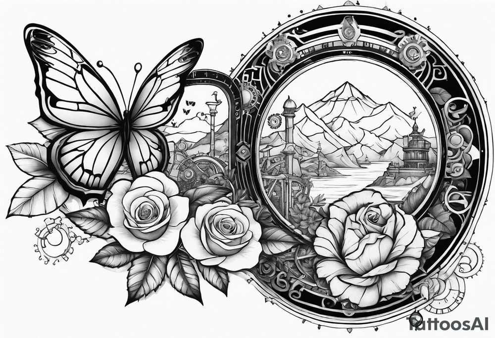 Sleeve with steampunk design with roses, butterflies, mechanicals and mountains tattoo idea