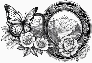 Sleeve with steampunk design with roses, butterflies, mechanicals and mountains tattoo idea