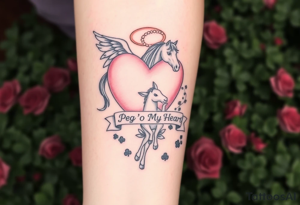 a big pale pink heart and a mare with wings and a halo and a colt in a field of green shamrocks, and red roses with a banner across the heart that says Peg 'o My Heart tattoo idea