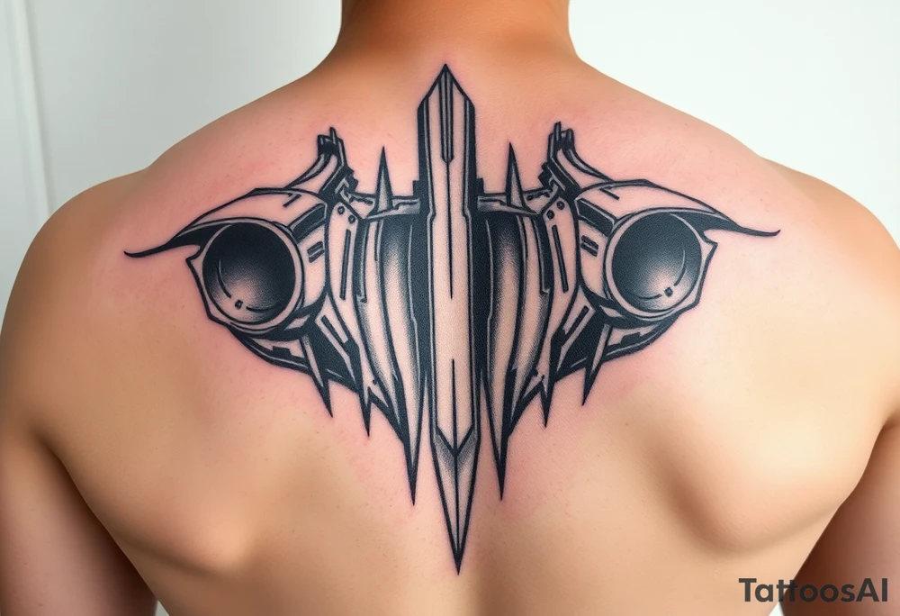 a back tattoo that looks like an exhaust vent, have it to where theres two exhausts on both back sides, try to make it look like a vertical scifi exhaust tattoo idea