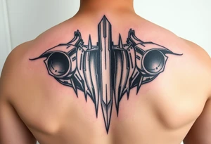 a back tattoo that looks like an exhaust vent, have it to where theres two exhausts on both back sides, try to make it look like a vertical scifi exhaust tattoo idea