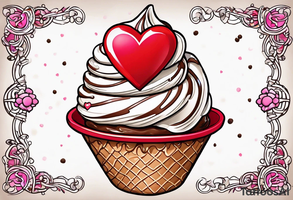 sketch chocolate chip ice cream cone with one red heart tattoo idea