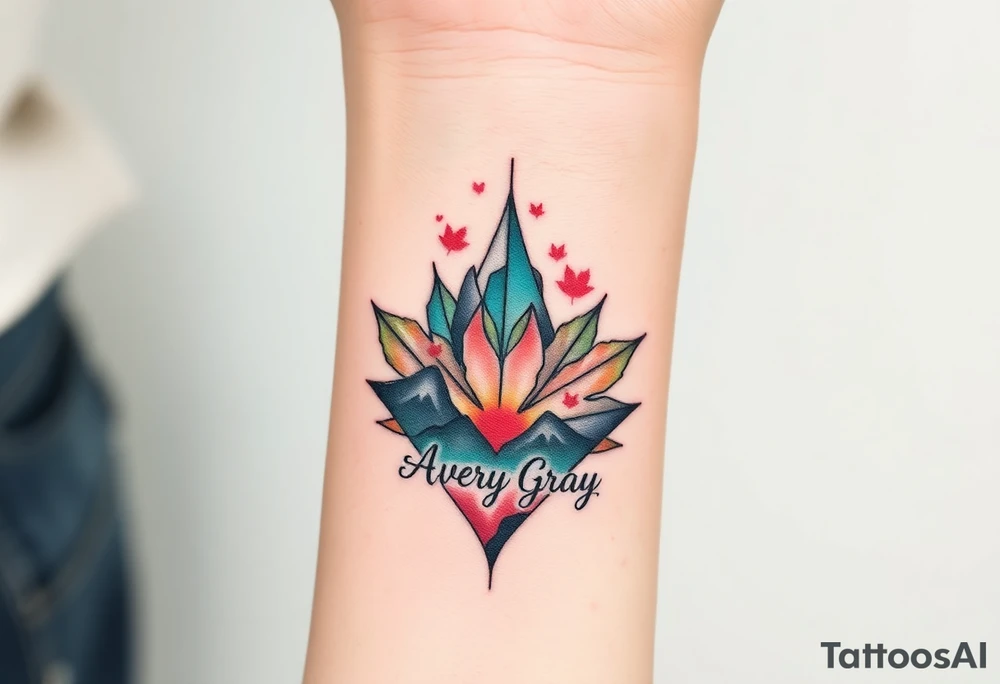 Female Geometric Volcano tattoo erupting in a heart with text Avery Gray. Maple leaf incorporated tattoo idea