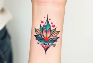 Female Geometric Volcano tattoo erupting in a heart with text Avery Gray. Maple leaf incorporated tattoo idea