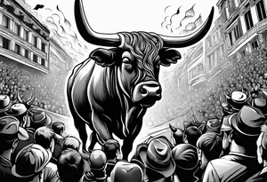 Evil looking Large bull with horns busting through crowd of people tattoo idea