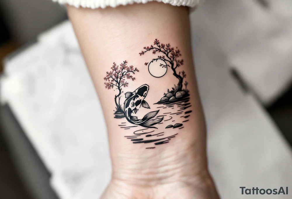 a koi fish swimming UPstream in a pond moonlight by the full moon with a sakura tree by the pond tattoo idea