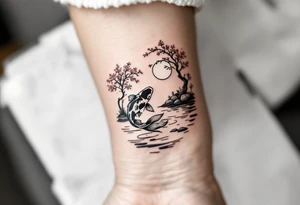 a koi fish swimming UPstream in a pond moonlight by the full moon with a sakura tree by the pond tattoo idea