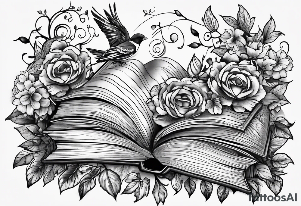 Forearm tattoo vine type with books, flowers, leafs commingle off it and birds around tattoo idea