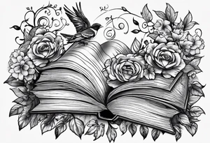 Forearm tattoo vine type with books, flowers, leafs commingle off it and birds around tattoo idea