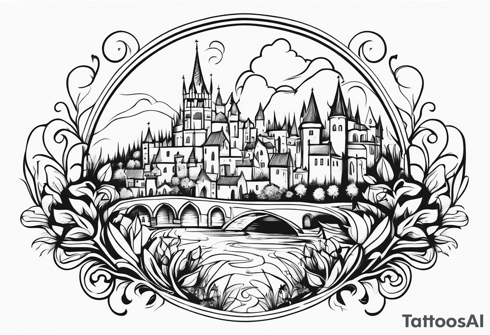 medieval tribal city floral  land  vignette tattoo idea