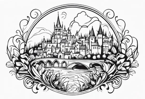 medieval tribal city floral  land  vignette tattoo idea