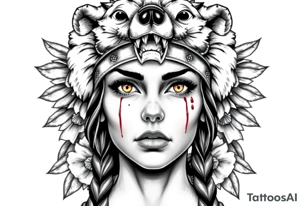 Young Symmetrical Beautiful Woman, looking forward, with colored eyes, shedding a tear, with battle scars and blood on face, with soft look, wearing a mean looking bear headdress on head, with flower background tattoo idea
