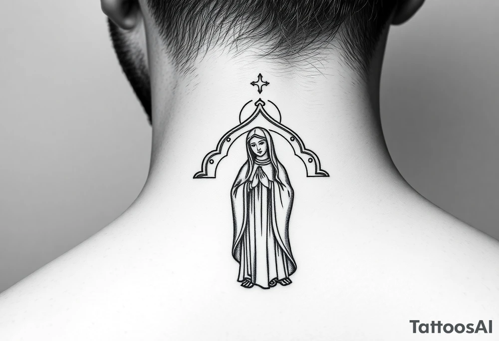Russian orthodox church with bulb domes with a prominent russian orthodox style virgin mary stood outside with hands together tattoo idea