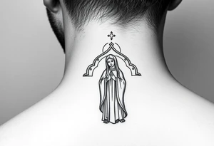 Russian orthodox church with bulb domes with a prominent russian orthodox style virgin mary stood outside with hands together tattoo idea