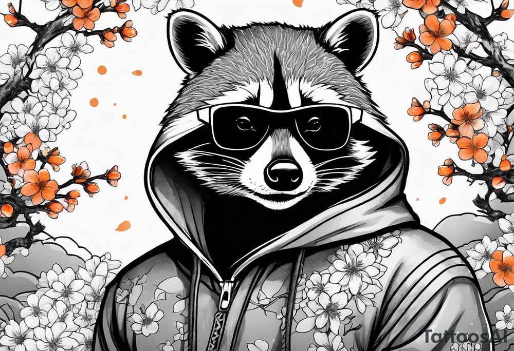 raccoon wearing a Superman hoodie with orange Japanese cherry blossoms tattoo idea