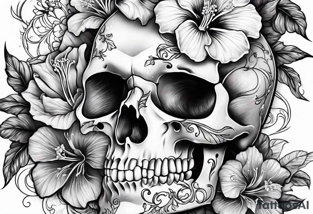 female skeleton with hibiscus flower tattoo idea